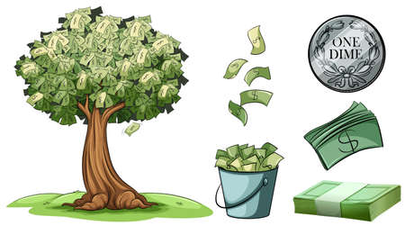 Money grows on tree and different types of money illustrationのイラスト素材