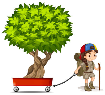 Girl pulling wagon with green tree illustrationのイラスト素材