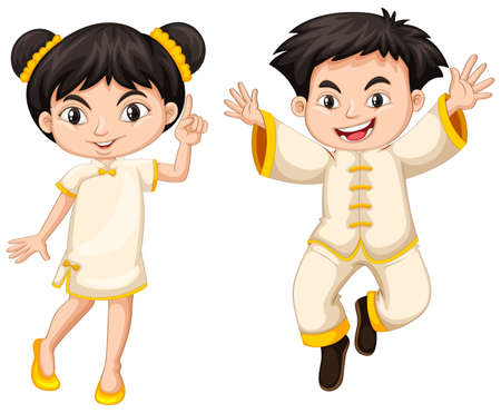 Chinese boy and girl in traditional costume illustrationのイラスト素材