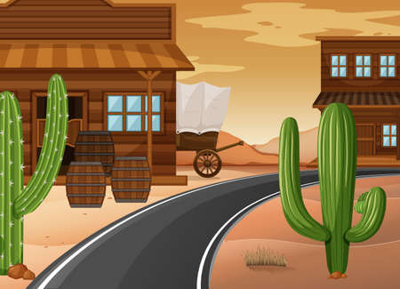 Western town with buildings and cactus illustrationのイラスト素材