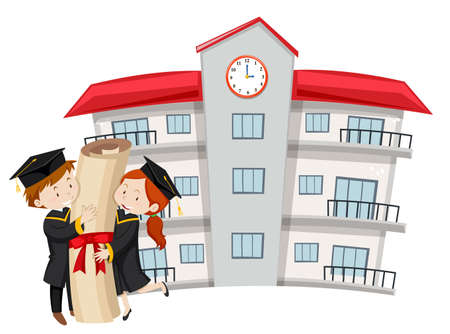 Two graduation kids at school illustrationのイラスト素材