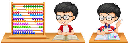 Boy studying math using abacus illustrationのイラスト素材