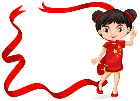 Frame template with Chinese girl in red costume illustrationのイラスト素材