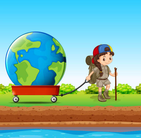 Girl pulling globe in red wagon illustrationのイラスト素材