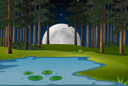 Nature scene with fullmoon and pond in forest illustrationのイラスト素材