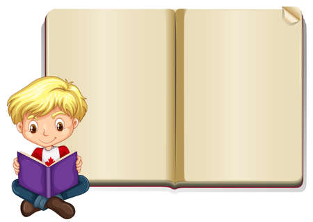 Blank book template with boy reading illustrationのイラスト素材