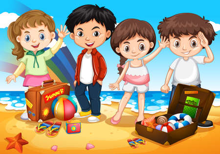 Happy children on the beach illustrationのイラスト素材