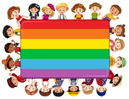 Rainbow board with many kids in background illustrationのイラスト素材