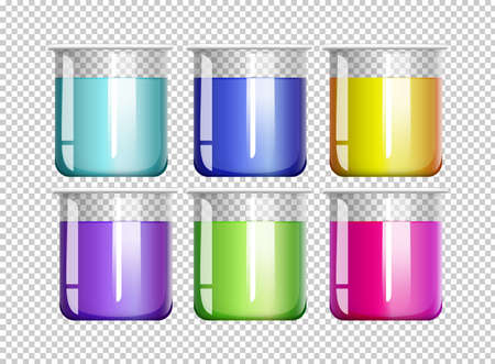 Six beakers filled with colorful liquid illustrationのイラスト素材