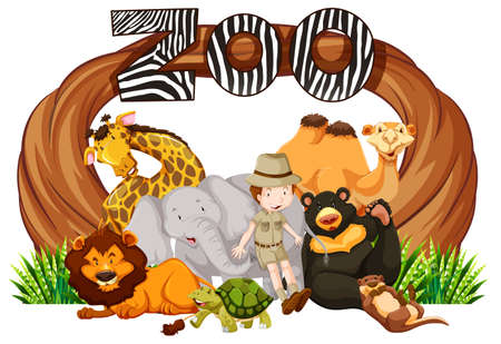 Zookeeper and wild animals at zoo entrance illustrationのイラスト素材