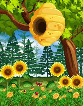 Scene with beehive on the tree illustrationのイラスト素材