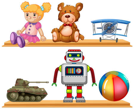 Different types of toys on wooden shelf illustrationのイラスト素材