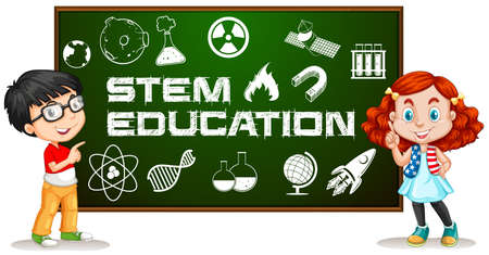 Two kids with stem education on board illustrationのイラスト素材