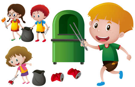 Children picking up aluminum cans  illustrationのイラスト素材