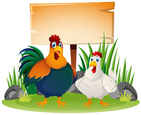 Wooden sign and two chickens illustrationのイラスト素材