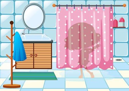 Girl behind the bathroom curtain illustrationのイラスト素材