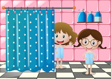 Two girls in bathtowels in the bathroom illustrationのイラスト素材