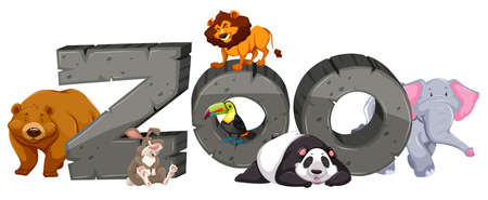 Zoo sign and many animals illustrationのイラスト素材