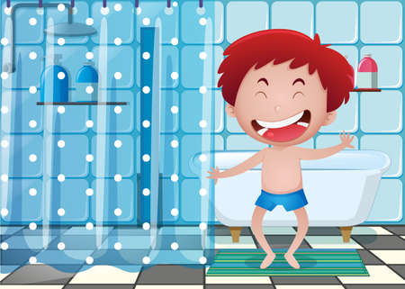 Happy boy in bathroom illustrationのイラスト素材