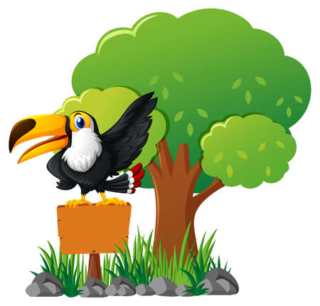 Toucan bird on wooden sign in garden illustrationのイラスト素材