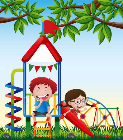 Two kids playing slide in park illustrationのイラスト素材