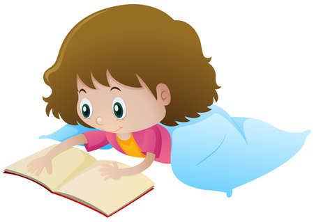 Little girl reading book alone illustrationのイラスト素材