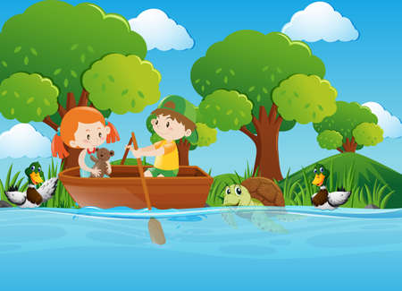 Boy and girl rowing boat in river illustrationのイラスト素材
