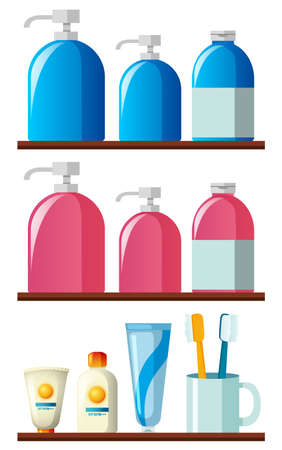 Shampoo bottles and toothbrushes on the shelves illustrationのイラスト素材