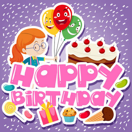 Birthday card template with girl and cake illustrationのイラスト素材