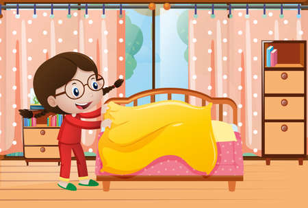 Little girl making bed in bedroom illustrationのイラスト素材