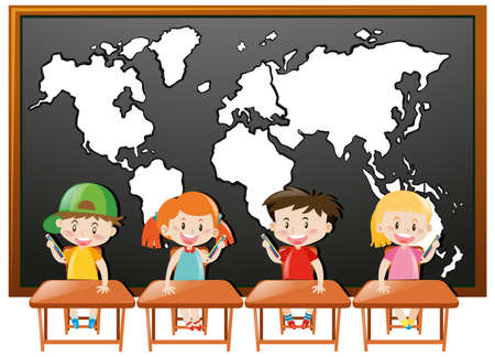 Children and world map on the board illustrationのイラスト素材