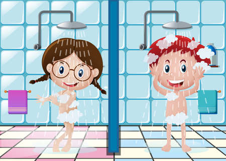 Boy and girl showering in bathroom illustrationのイラスト素材