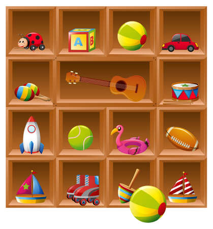 Many toys on wooden shelves illustrationのイラスト素材