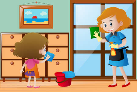 Girl and maid cleaning the house illustrationのイラスト素材