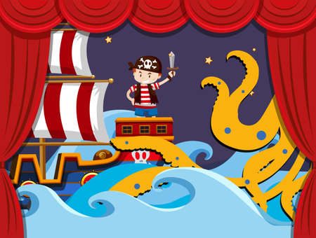 Stage play with pirate fighting kraken illustrationのイラスト素材