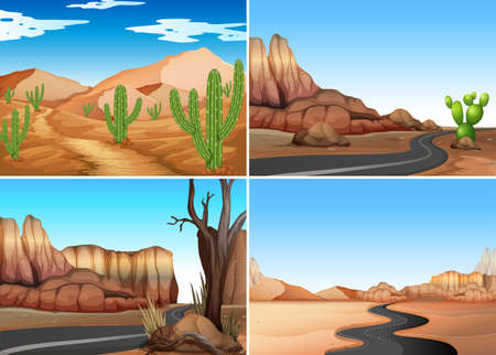 Four desert scenes with empty roads illustrationのイラスト素材