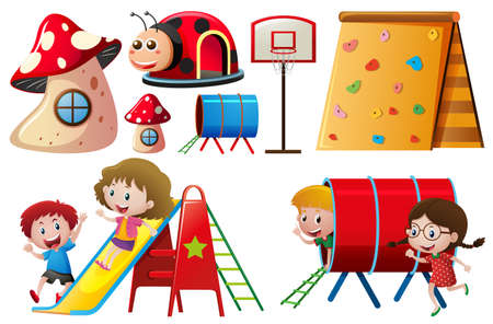 Children playing with slide and tunnel illustrationのイラスト素材