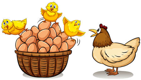 Chicken and eggs in basket illustrationのイラスト素材