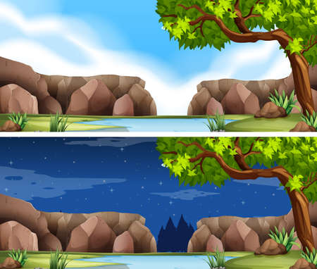 Two river scenes day and night illustrationのイラスト素材