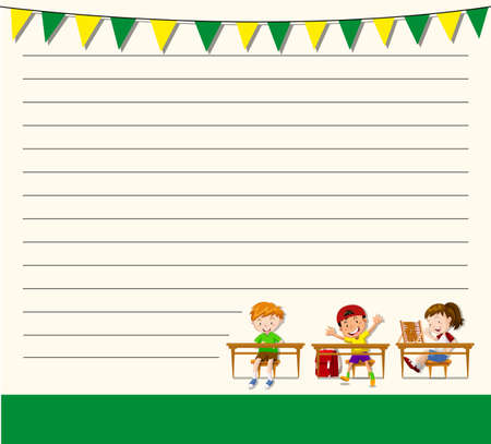 Line paper template with kids in classroom illustrationのイラスト素材