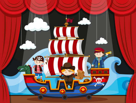 Kids playing pirate on stage illustrationのイラスト素材
