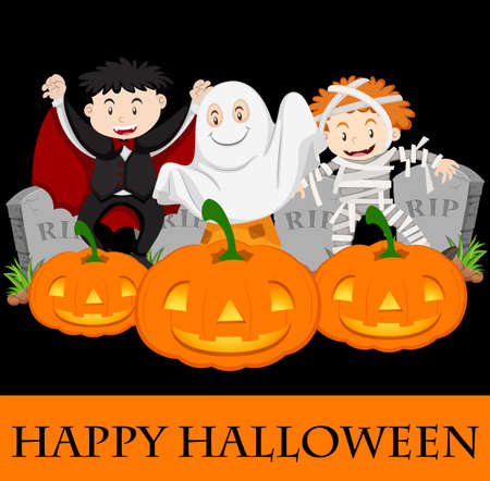 Happy Halloween card template with kids in costume illustrationのイラスト素材