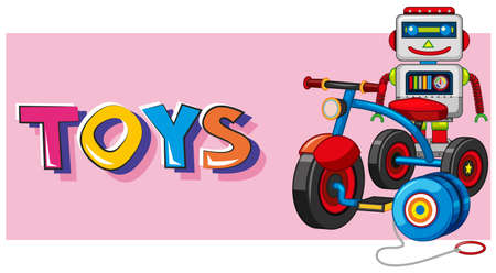 Word toys with robot and tricycle in background illustrationのイラスト素材