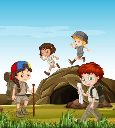 Kids camping out by the cave illustrationのイラスト素材