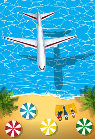 Airplane flying over the ocean illustrationのイラスト素材