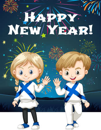 New Year poster with happy children waving hands illustrationのイラスト素材