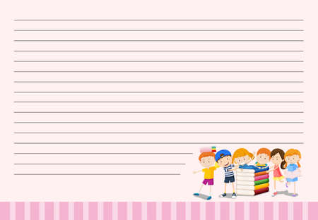 Line paper template with kids and books illustrationのイラスト素材
