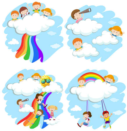 Happy children playing on the clouds and rainbow illustrationのイラスト素材