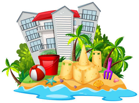 Summer theme with sandcastle on beach illustrationのイラスト素材