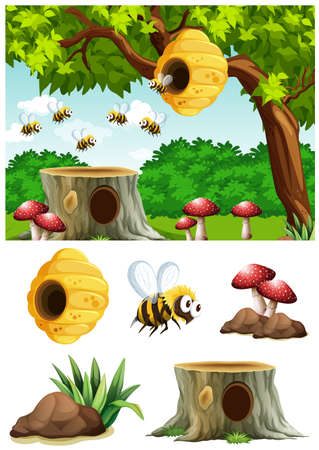 Bees flying around beehive in park illustrationのイラスト素材